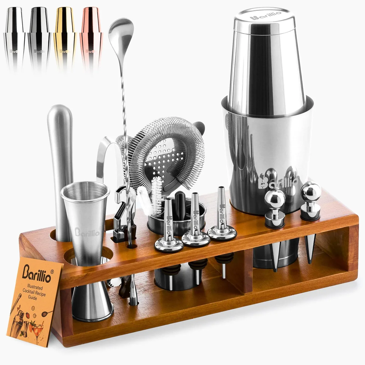 23-piece stainless steel bar tool set on acacia wood stand