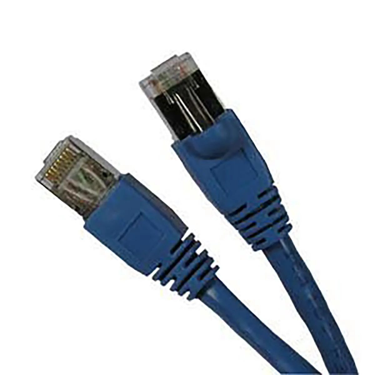 Ten blue shielded Cat6 patch cables with moulded boots, each three feet long