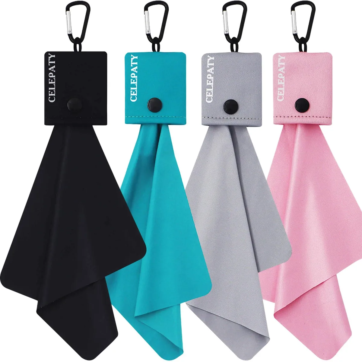 Square microfiber cloth in pocket with hook attached