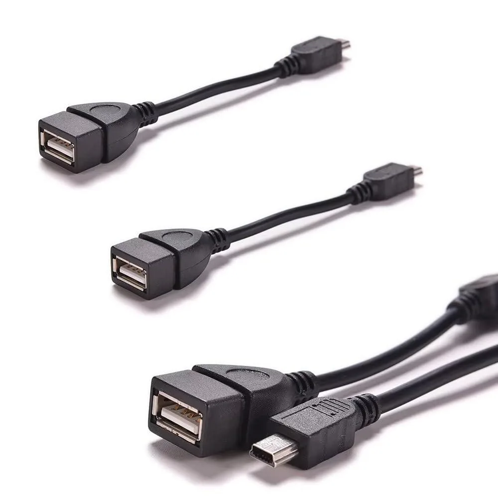 Three short black Mini USB OTG cables with male and female ends