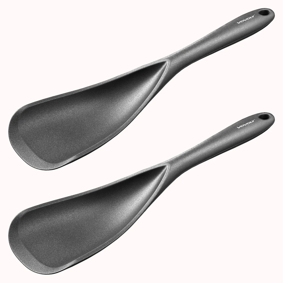 Two black silicone cooking spoons 12.6 inches long with seamless one-piece design