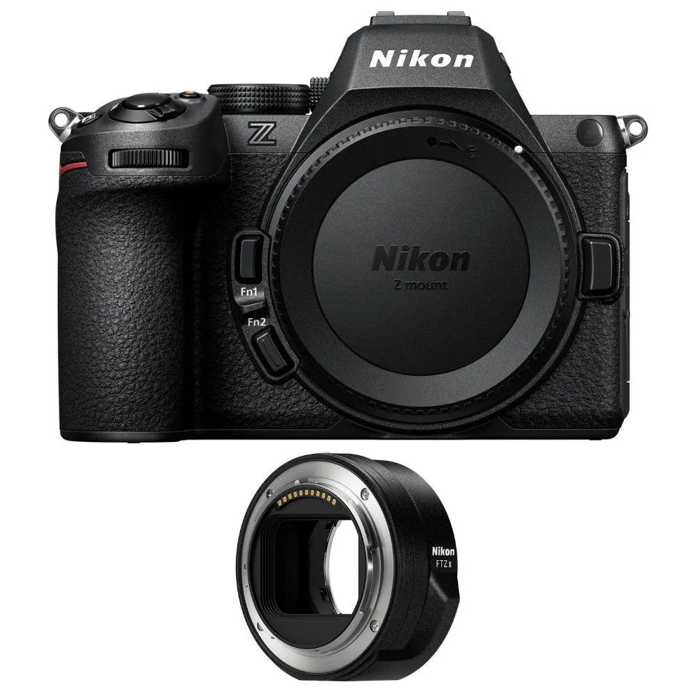 Black mirrorless camera body with FTZ II lens adapter attached, rubber eyecup and strap loops visible