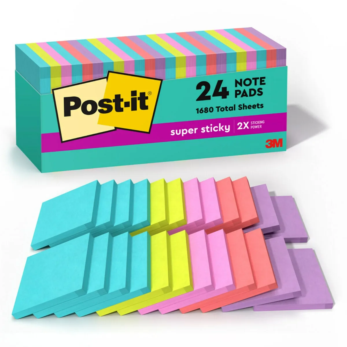 Twenty-four square neon sticky-note pads in a cardboard box