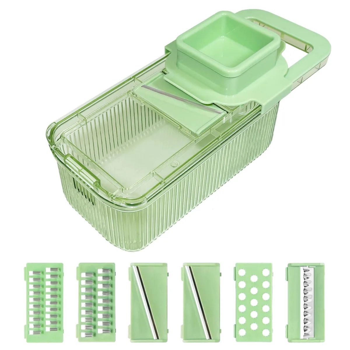 Light green manual vegetable chopper with transparent container and stainless steel blades
