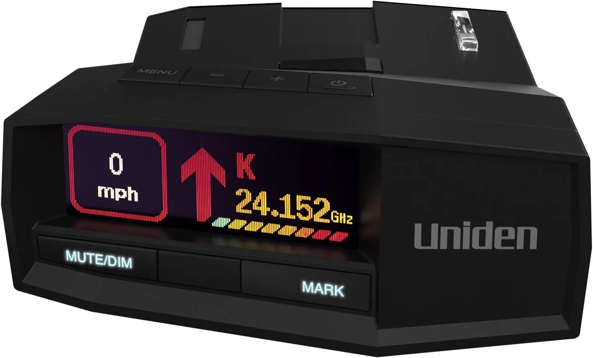 Black rectangular radar detector with OLED display and directional arrows