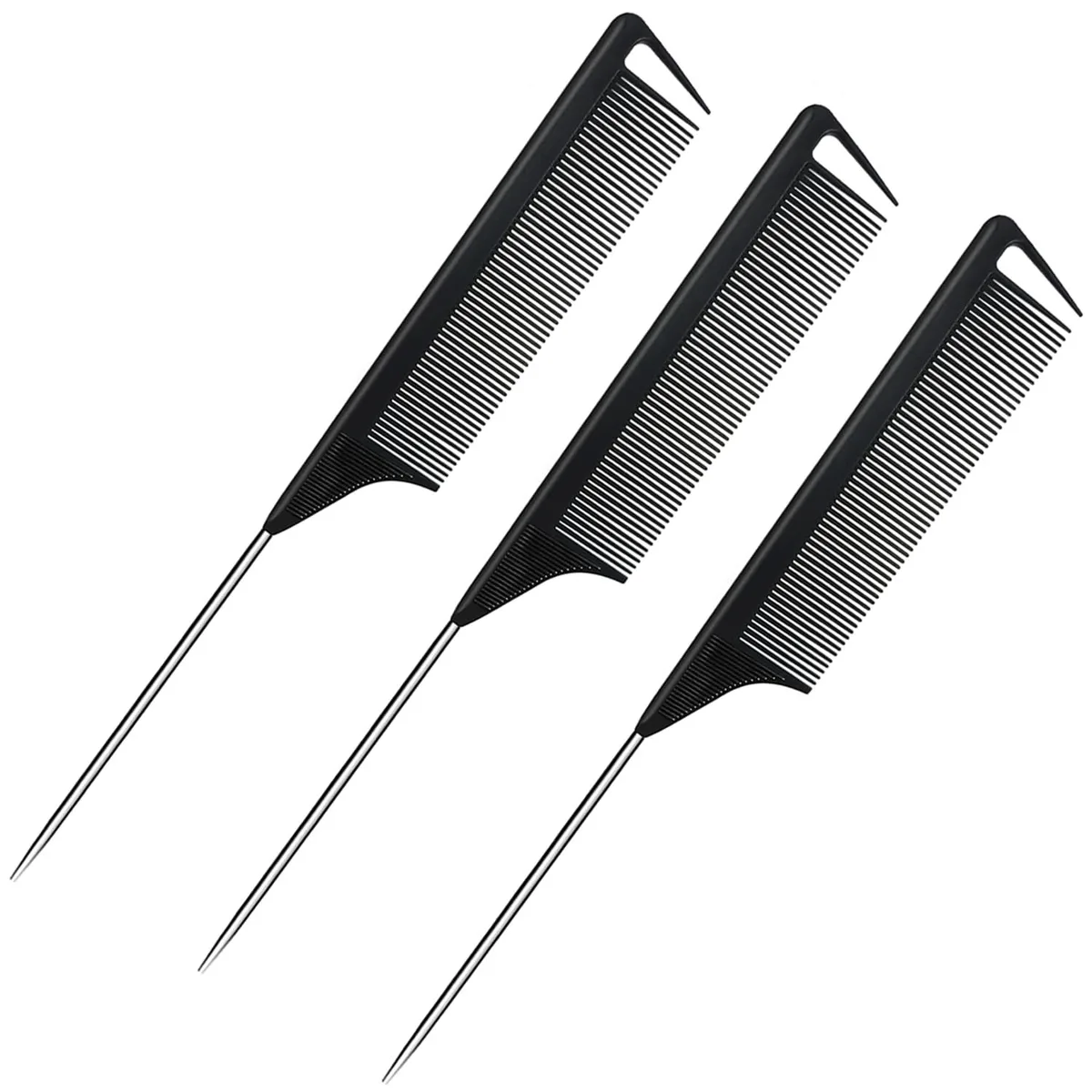 Three black rat-tail combs with fine nylon teeth and metal handles