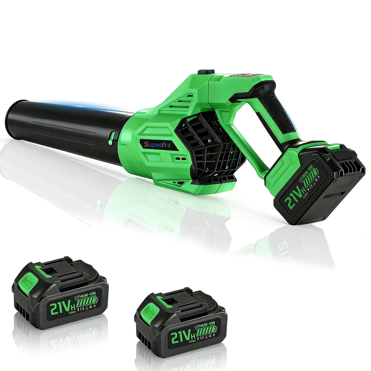 Handheld cordless leaf blower with two batteries and charger, matte finish, trigger grip, nozzle forward