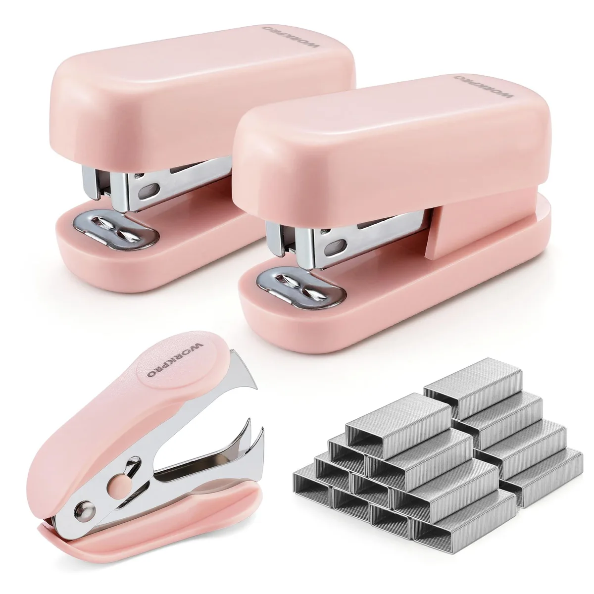 Two pink mini staplers and a staple remover on a pink ABS base