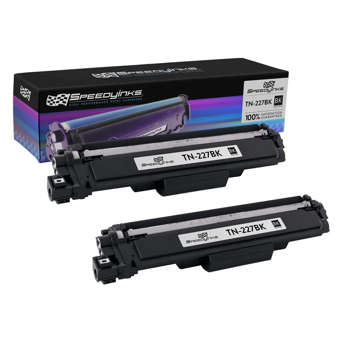Two black toner cartridges in a white box