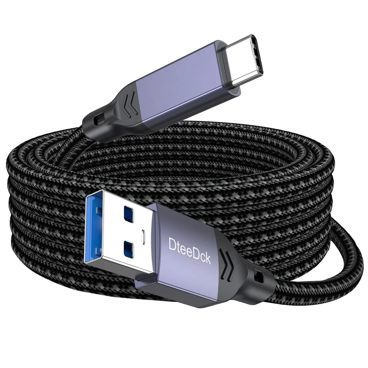 Grey braided 15 ft USB A to C cable with aluminium connectors
