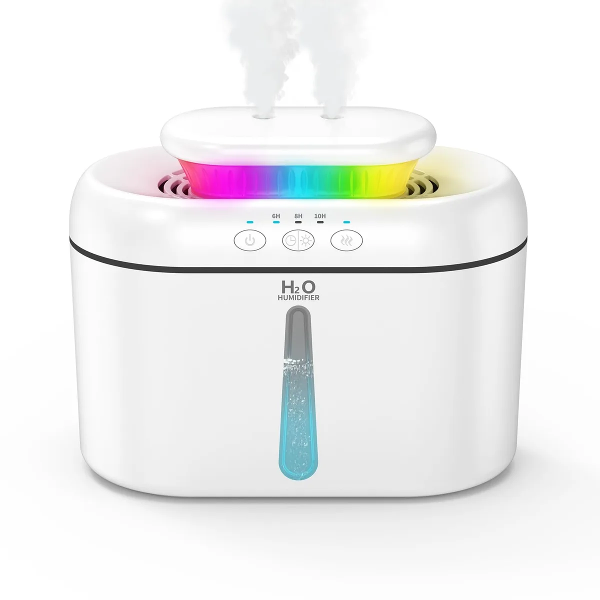 White compact humidifier with dual mist nozzles, smooth finish, 8.5 by 4.65 by 6.84 inches