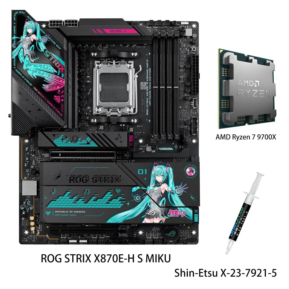 ASUS ASUS ROG STRIX X870E-H S MIKU + Ryzen 7 9700X AMD motherboard combo — product photo