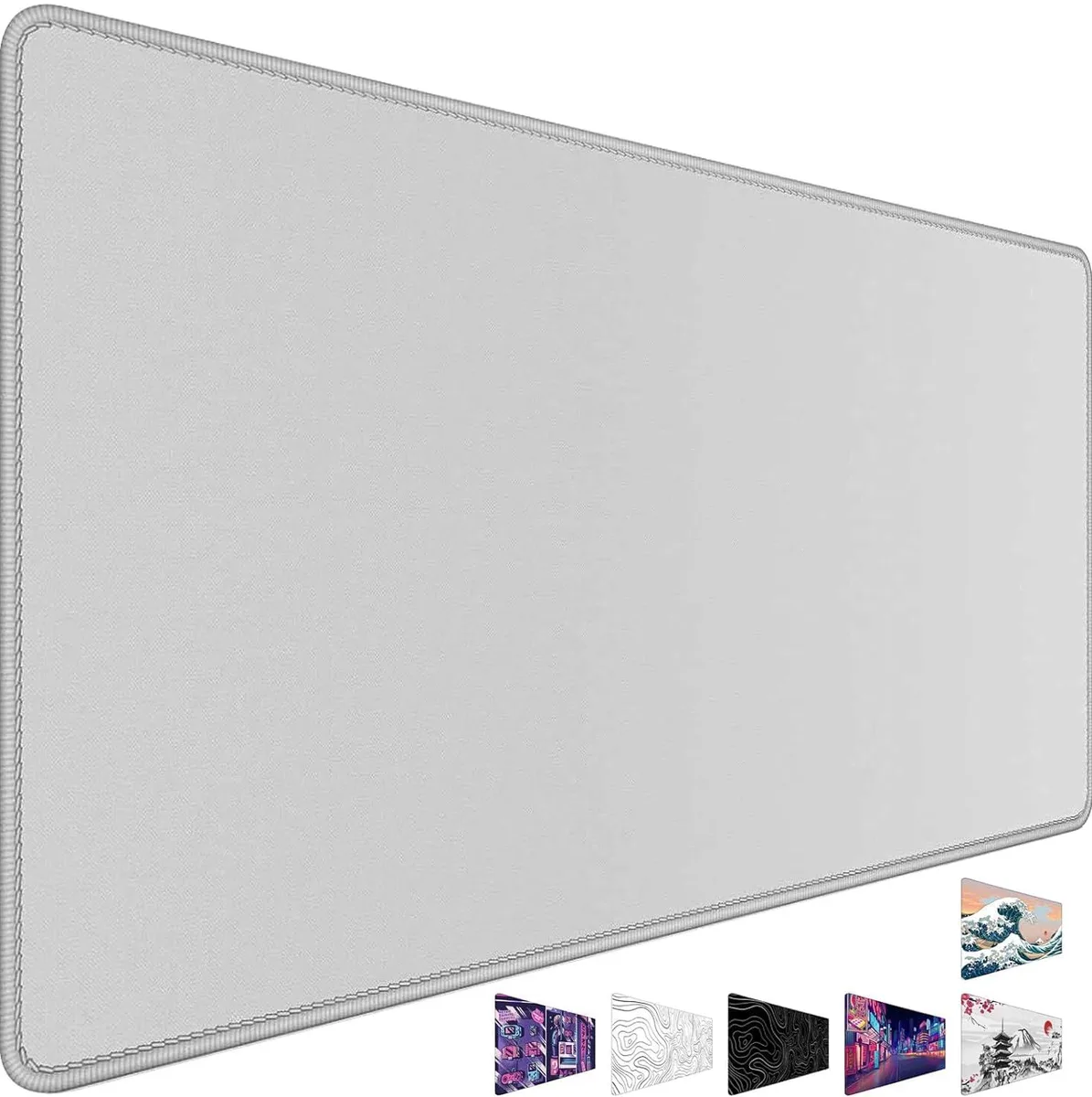 Rectangular gray desk mat 35.4 by 15.7 inches with stitched edges