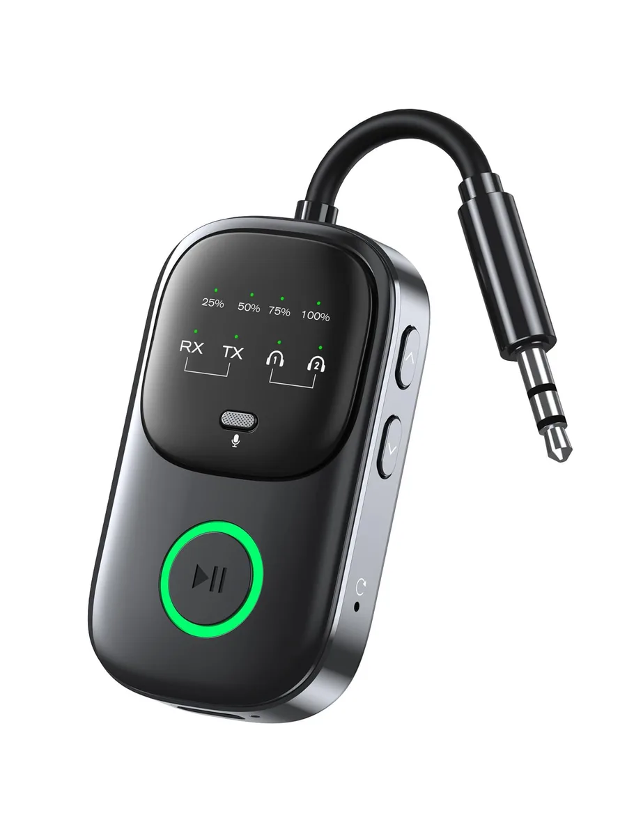Black rectangular Bluetooth transmitter receiver with 3.5mm ports and dual-mode switch