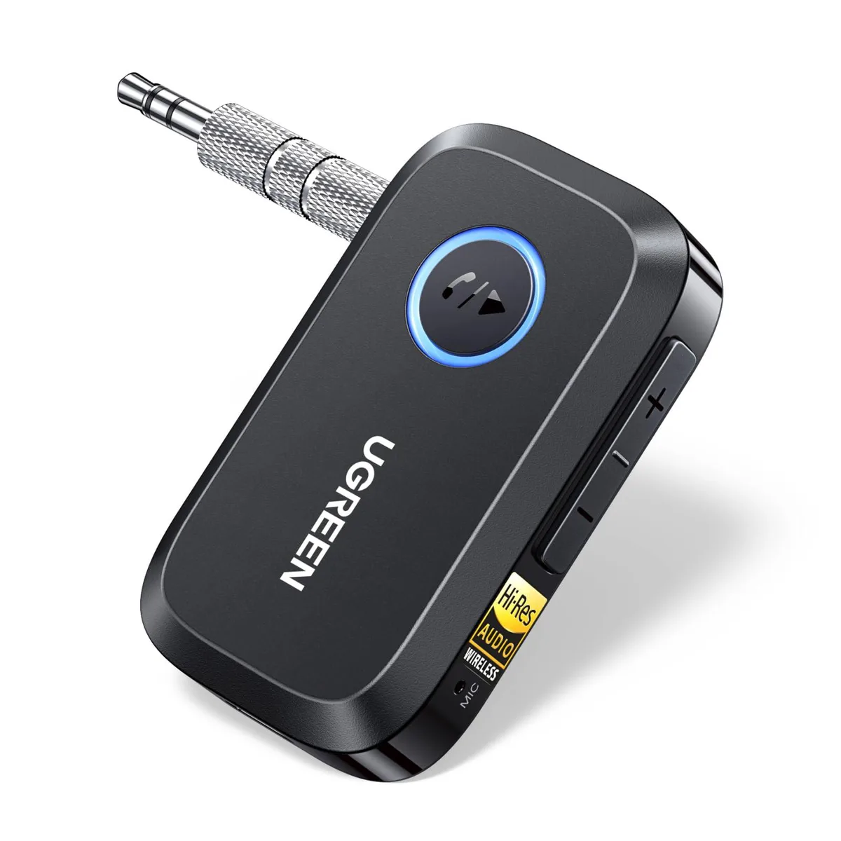 Small rectangular plastic Bluetooth 6.0 receiver with 3.5 mm AUX port