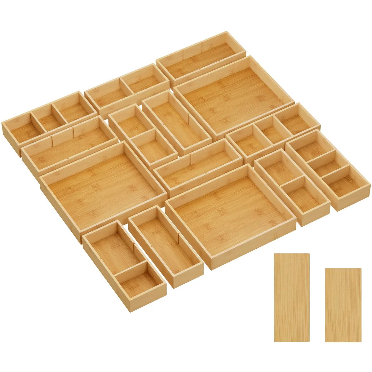 Black bamboo drawer organiser set with 15 boxes and 18 dividers creating 33 compartments
