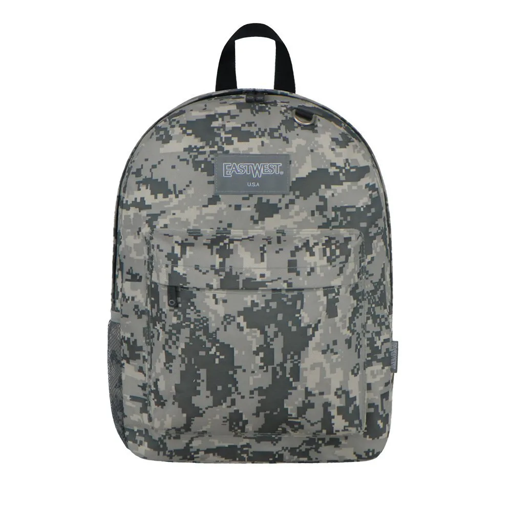 Green digital camouflage polyester backpack with padded shoulder straps, front pocket, water bottle holder and D-ring