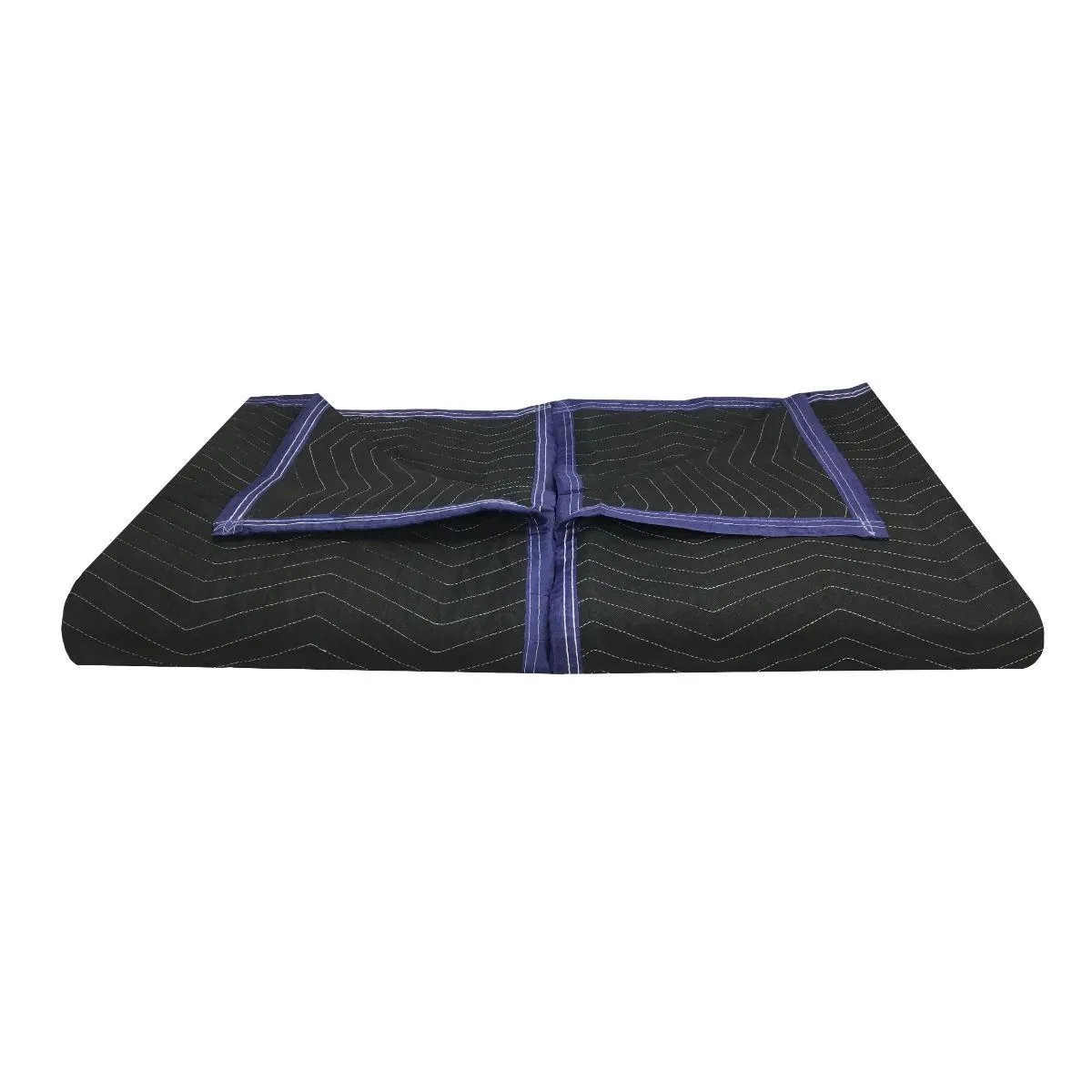 Two quilted polyester moving blankets, 72 by 80 inches, zig zag stitched binding