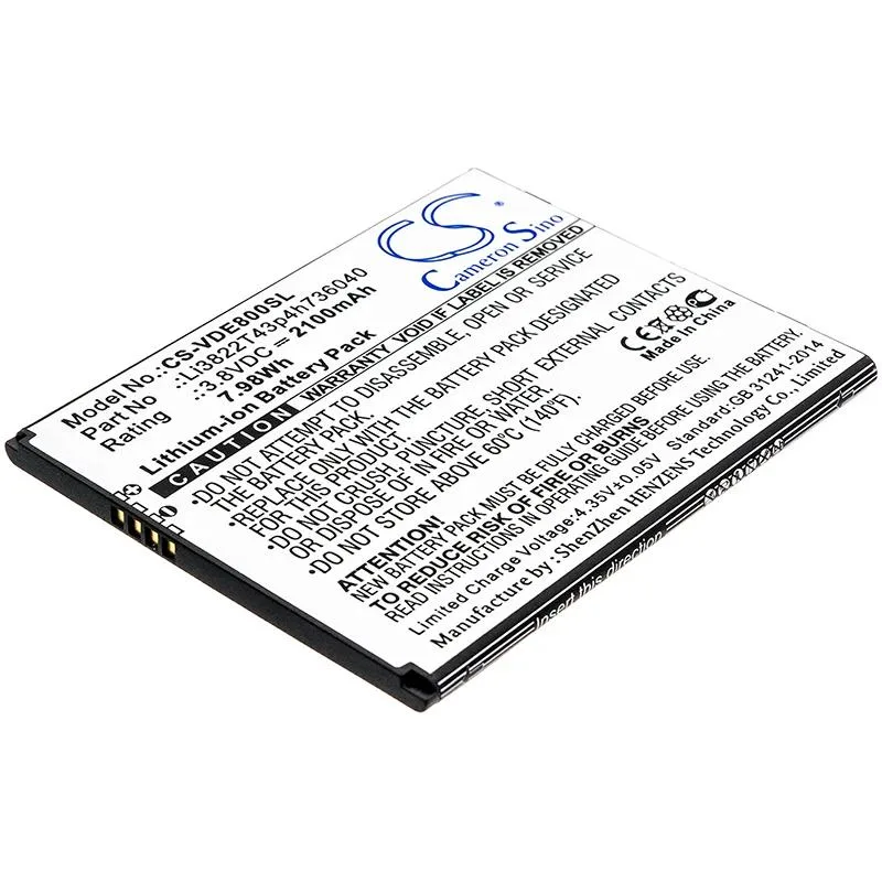 Rectangular smartphone replacement battery with gold contacts and printed label
