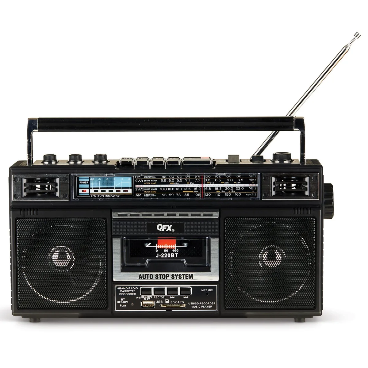 QFX J-220BT Cassette Player Boombox Bluetooth AM FM SW1 SW2 — product photo