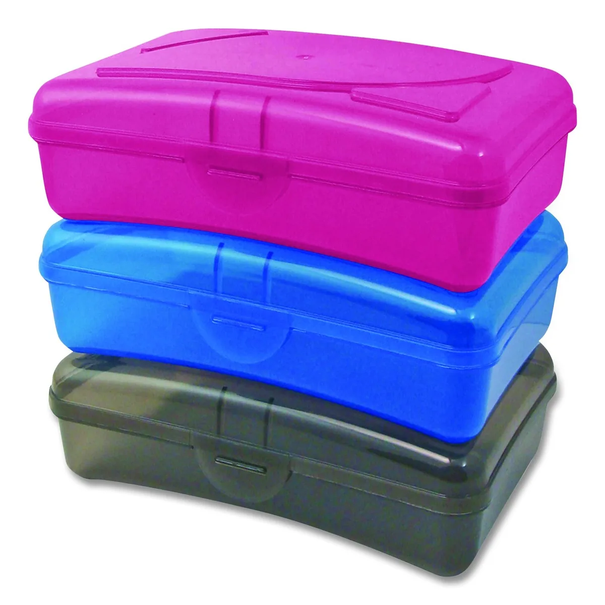 Rectangular plastic school box with clasp closure, assorted colours