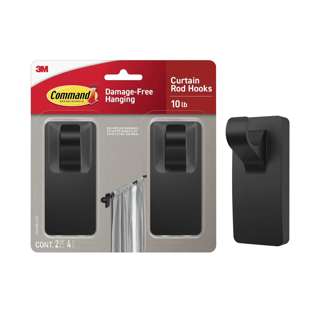 Two matte black curtain rod hooks with four adhesive strips