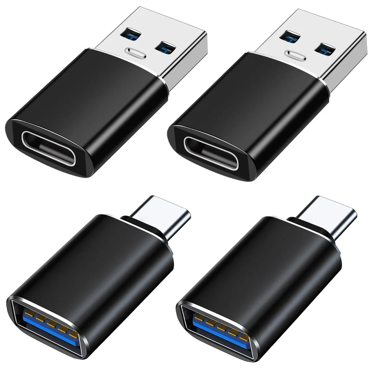 Four black aluminum USB-C and USB-A adapters