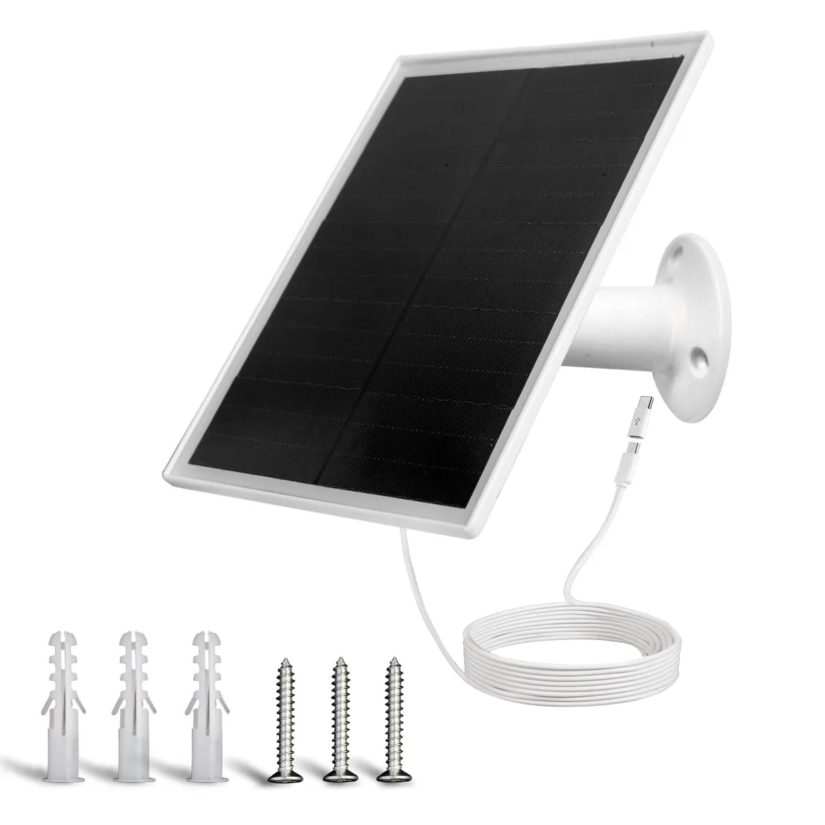 White rectangular solar panel with adjustable bracket and cable