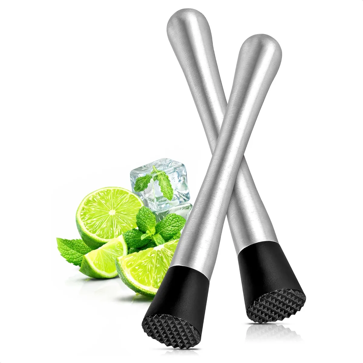 Two 7.95-inch stainless steel muddlers with black nylon grooved heads