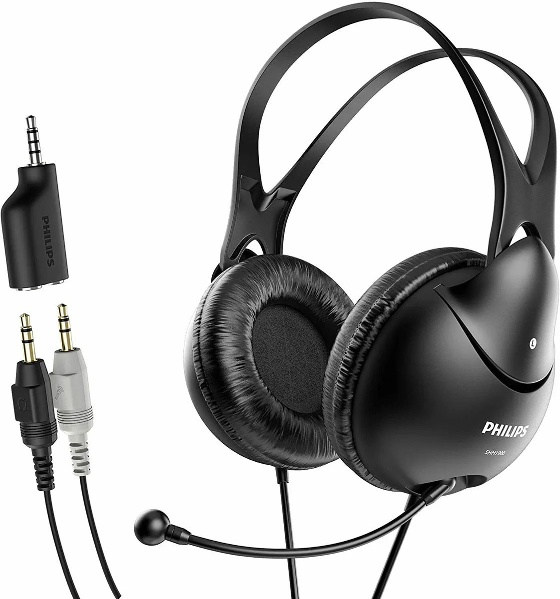 Black over-ear headset with adjustable microphone boom and 3.5mm cable