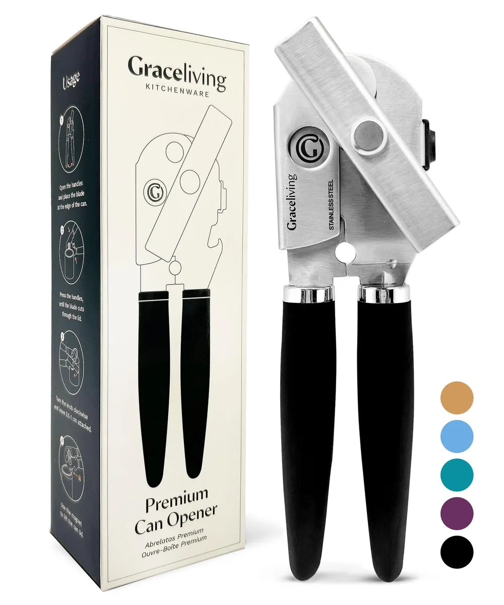 Black manual can opener with oversized knob, soft-touch handle and stainless steel body