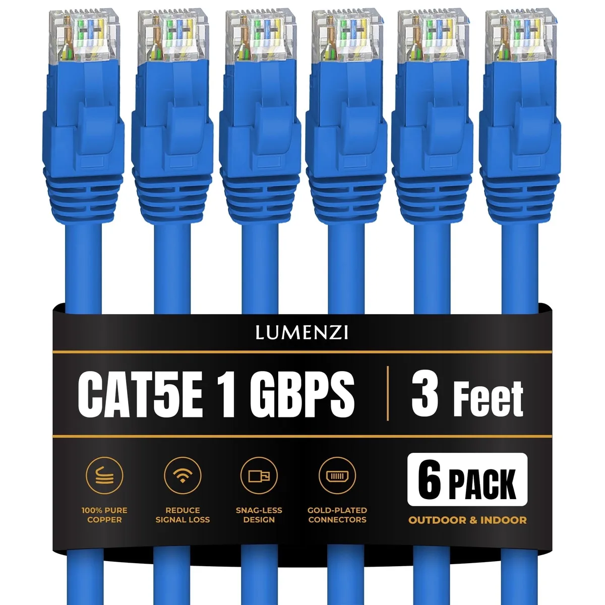 Lumenzi Lumenzi Cat 5e Ethernet Cable 3 FT Blue 6 Pack 350 MHz Shielded — product photo