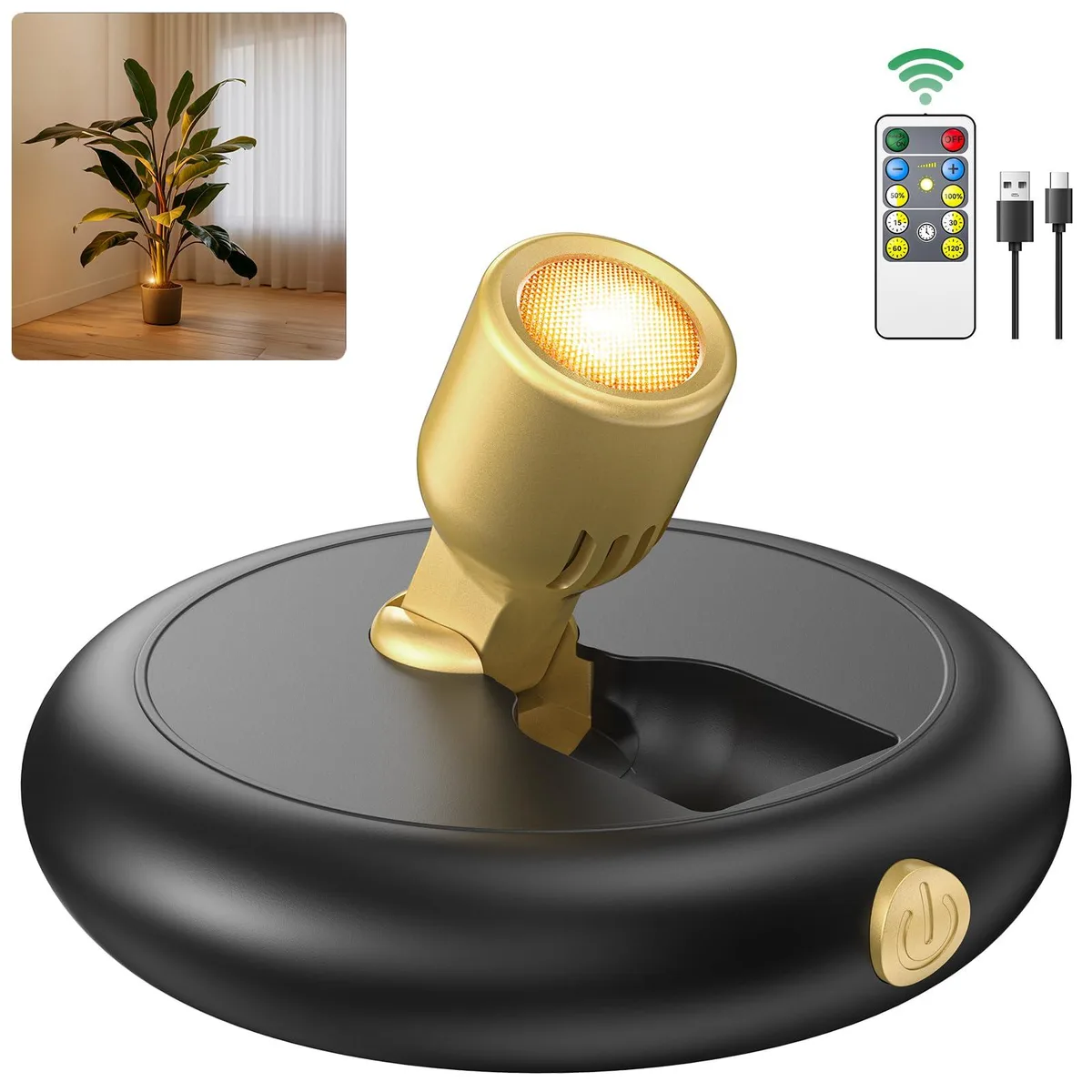 Small black wireless LED spotlight with magnetic base and clear prismatic lens
