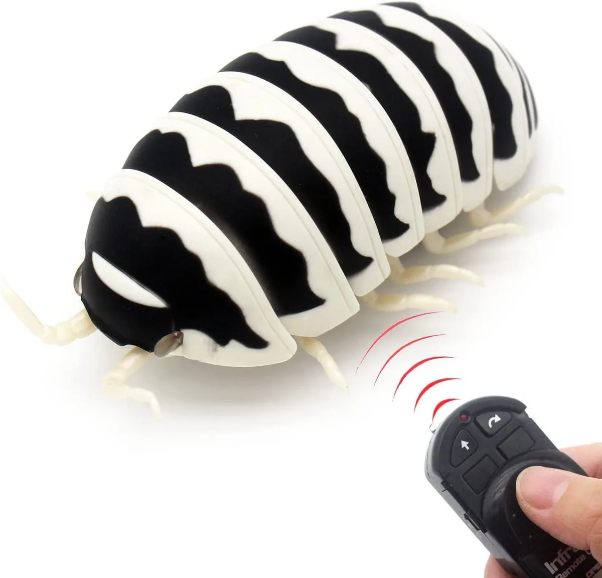Black and white remote-control pillbug with ten movable legs and glowing red eyes