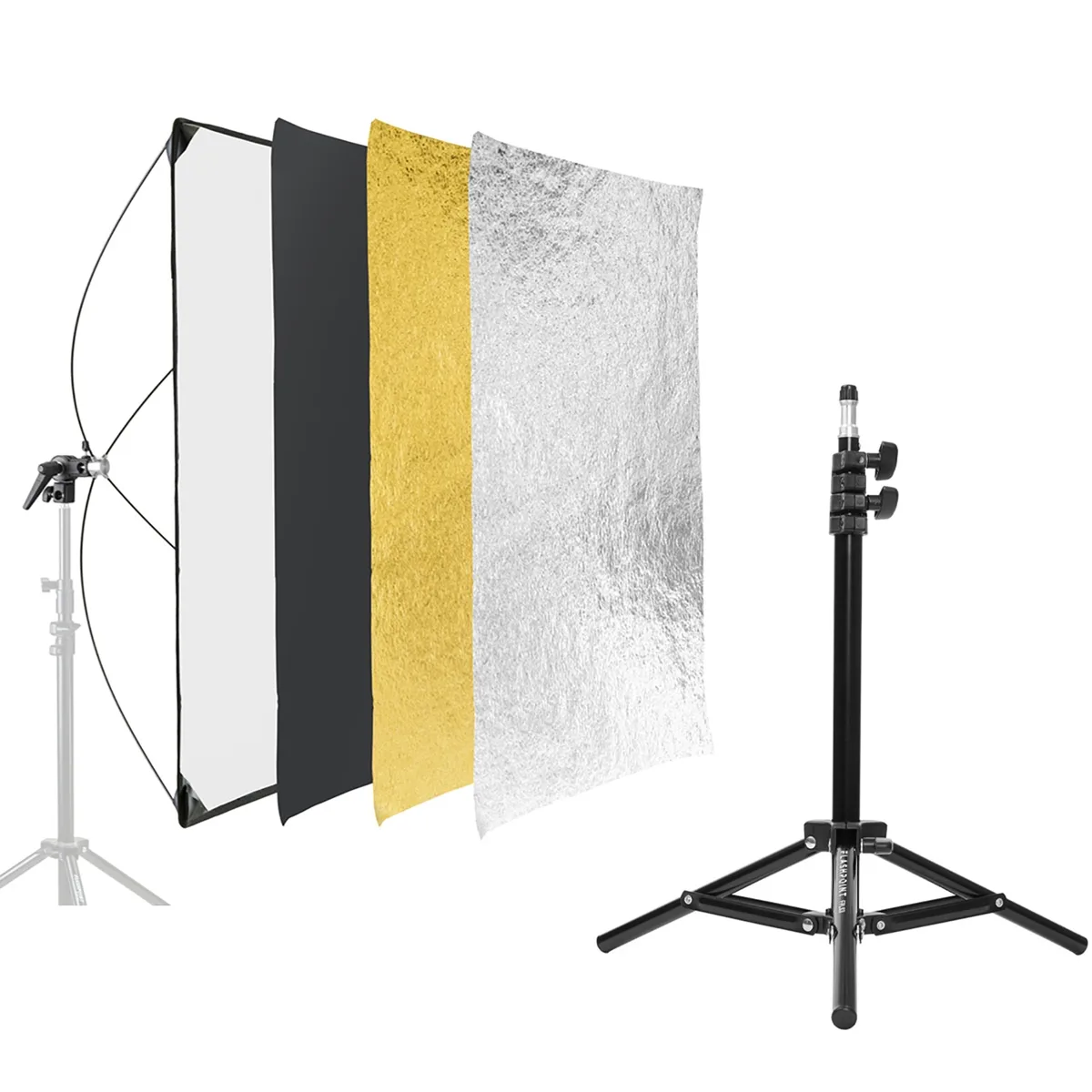 Rectangular reflector panel kit with silver-gold and black-white fabrics on aluminum rods, includes 3.3-foot backlight stand