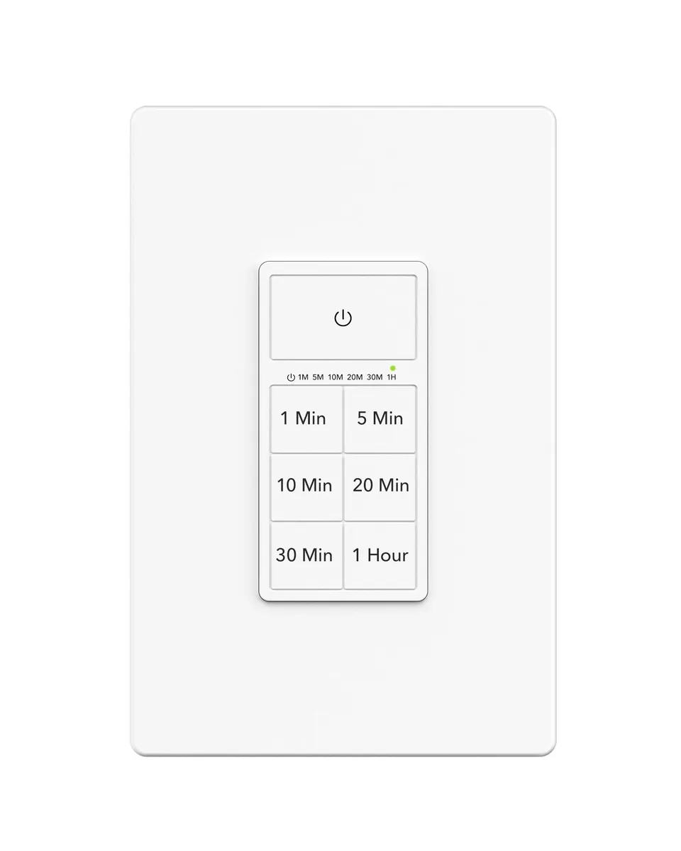 White rectangular wall-mount timer switch with push buttons, IP54 rated, screwless plate included