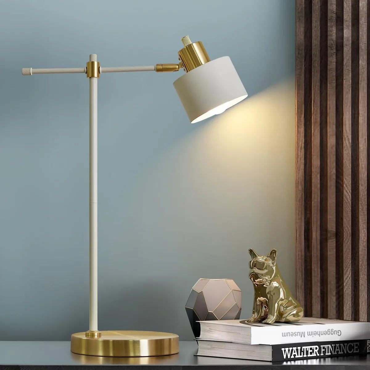 Cream metal table lamp with gold base, 22.2 inches tall, rotary switch