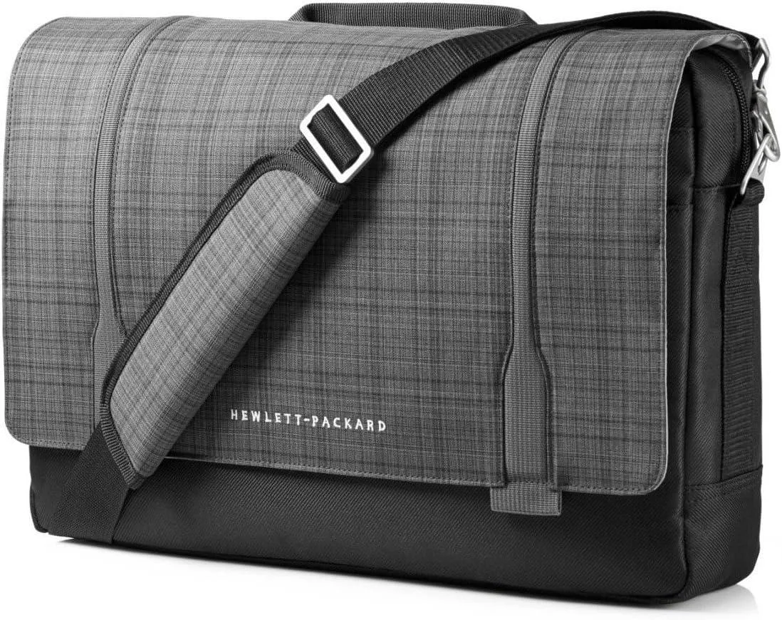 Black twill messenger bag with grey plaid accent for 15.6 inch Ultrabook