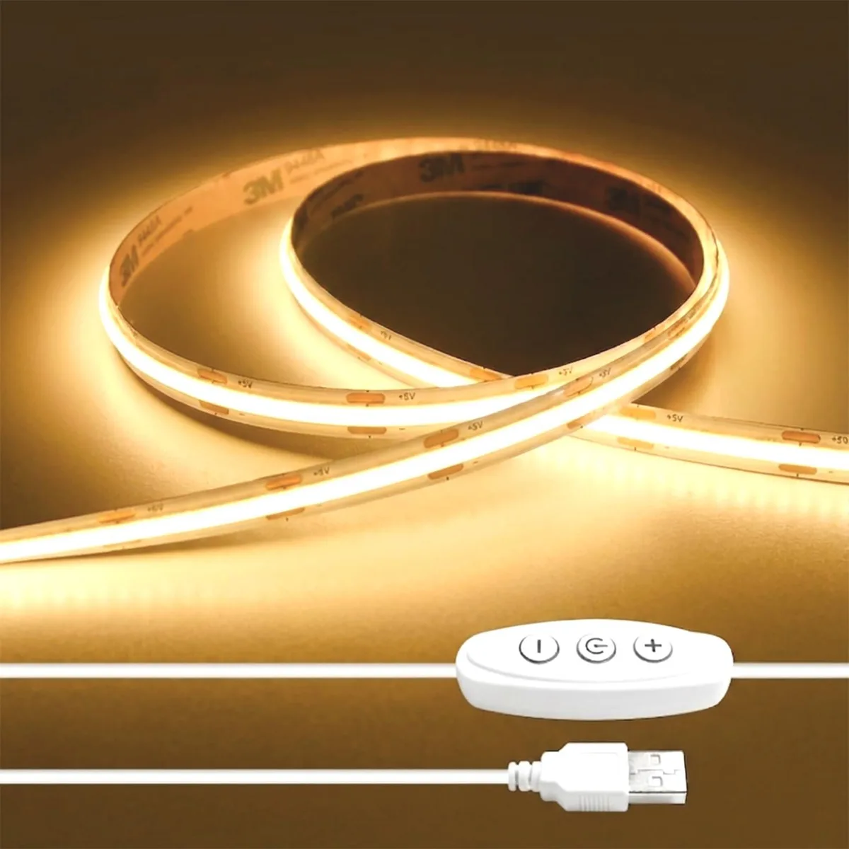 White flexible COB LED strip on reel with USB connector and inline touch dimmer