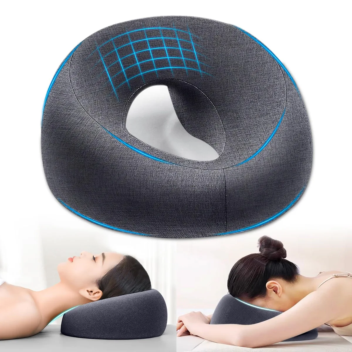 Dark grey face-down pillow with hollow breathing zone, cheek supports, arm rests, memory foam, washable cover