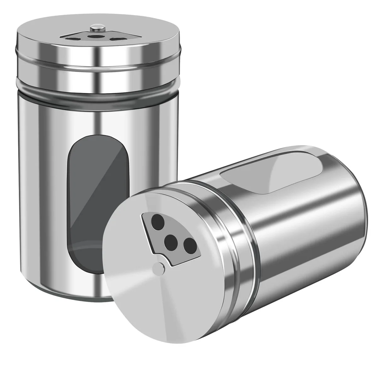 Pair of oval stainless steel and glass shakers with adjustable lids, non-slip bases, 80 ml capacity