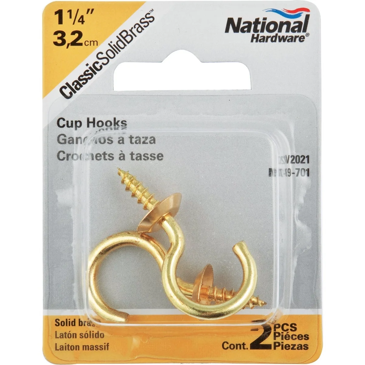 National National V2021 Solid Brass Cup Hook 1-1/4 In. 2 Count — product photo