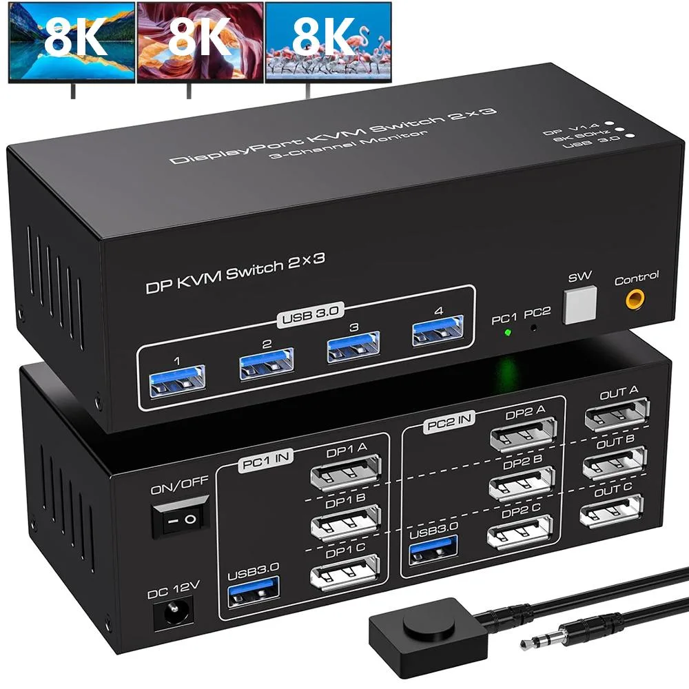 Hitoor Hitoor 8K Triple Monitor DP KVM Switch 2 PC 3 Mon 4K144Hz 8K60Hz DP1.4 4 USB 3.0 — product photo