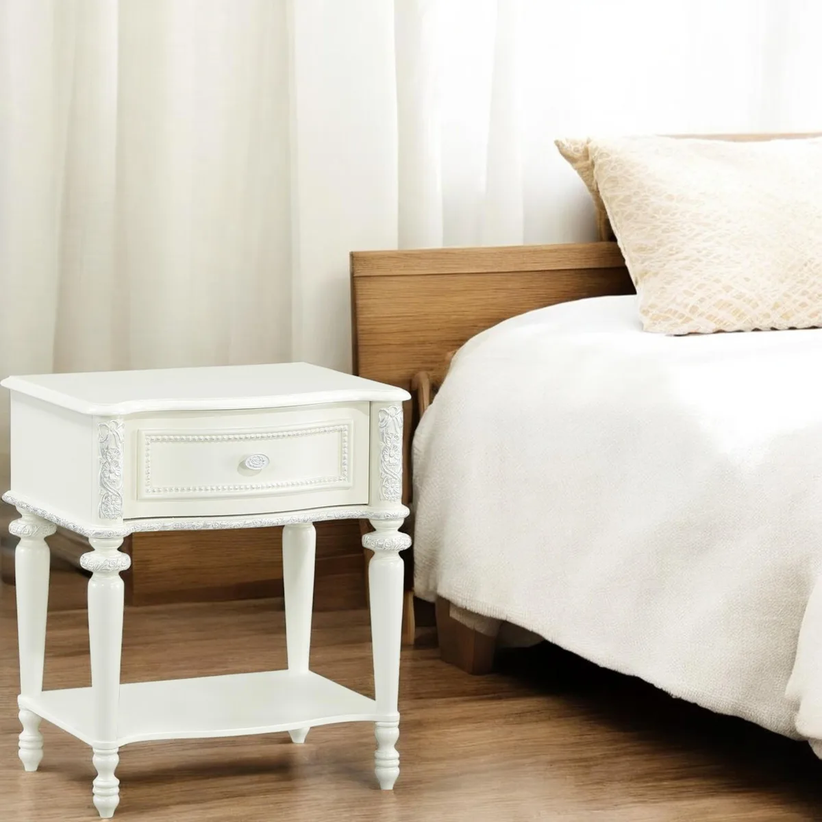 Ivory nightstand with oval tilt mirror and one drawer