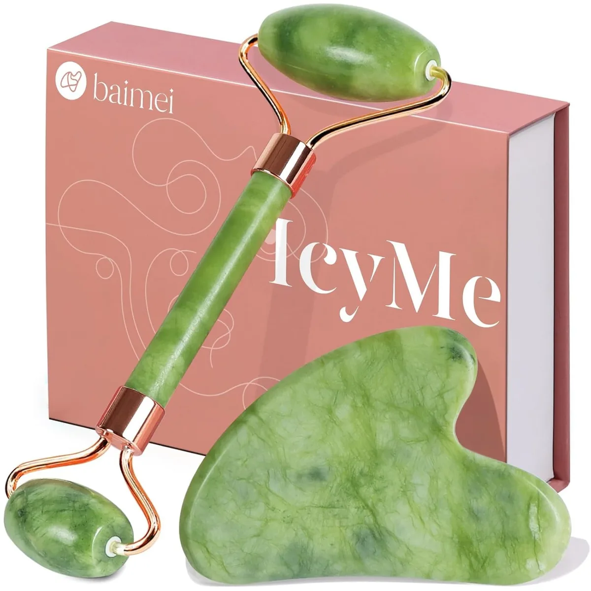 Two-piece green jade roller and gua sha set in box
