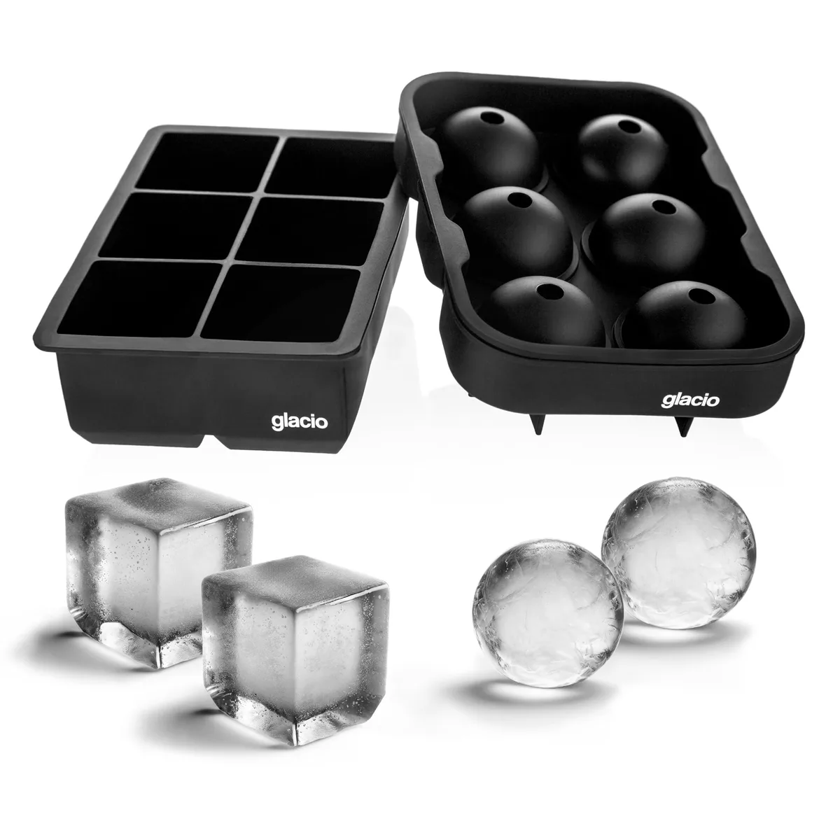 Two black silicone ice trays with lids, one round one square