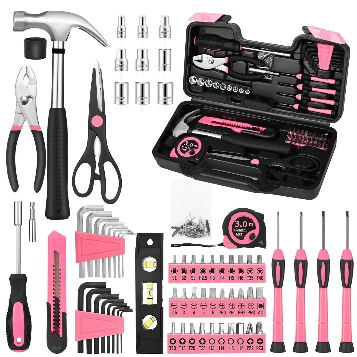 Blue plastic case containing 144-piece hand tool kit with hammer, pliers, screwdriver bits, hex keys, tape measure, utility knife