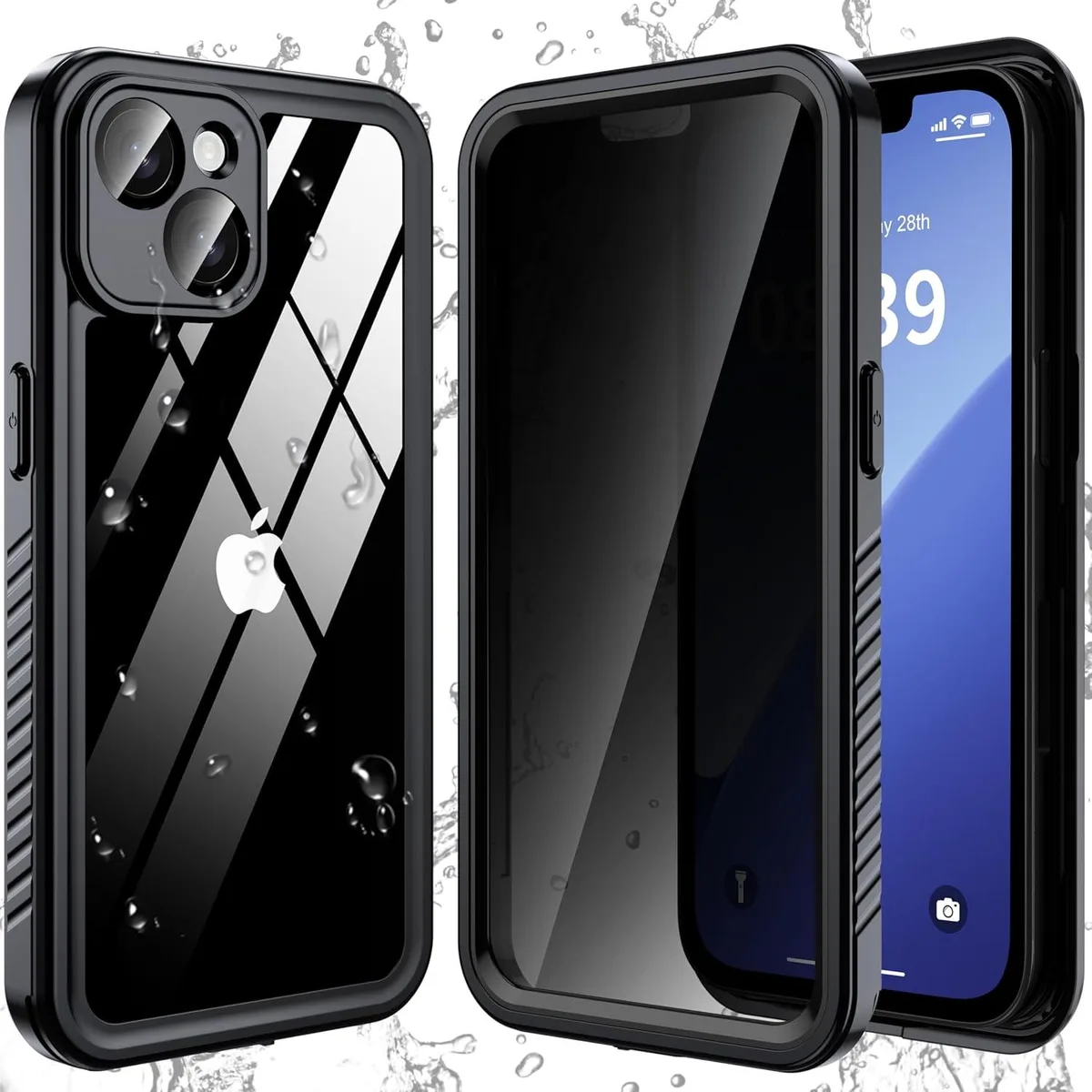 Black full-body protective case for iPhone 14 with built-in privacy screen protector and IP68 waterproof rating