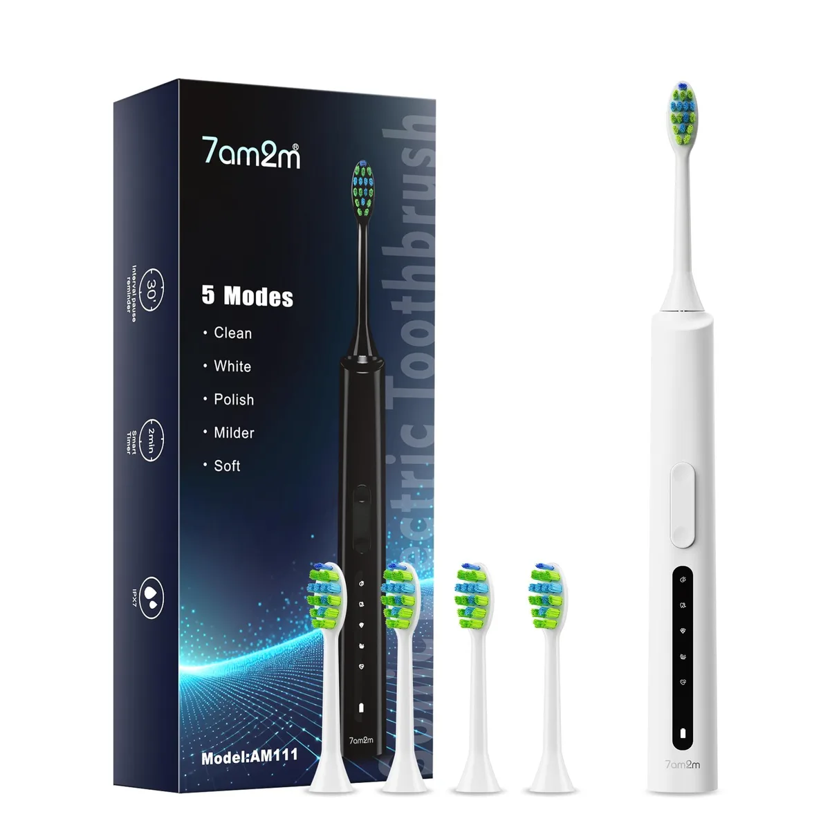 White rechargeable sonic toothbrush with four brush heads