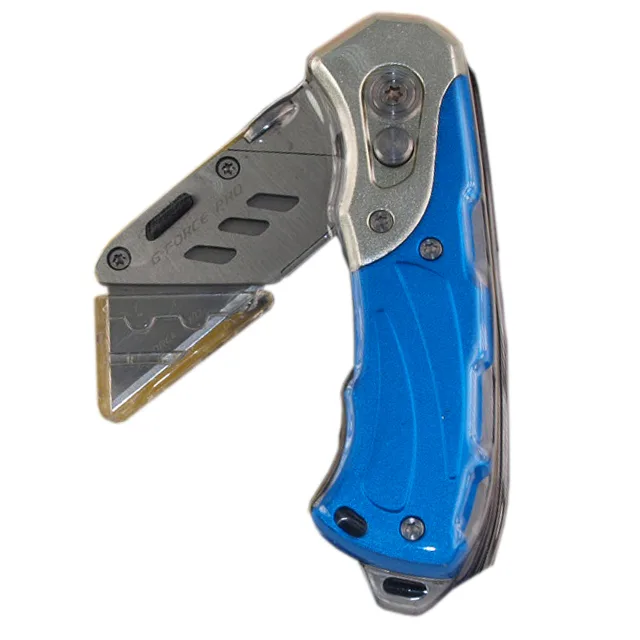 Silver aluminium folding utility knife with push-button release, belt clip and carry case